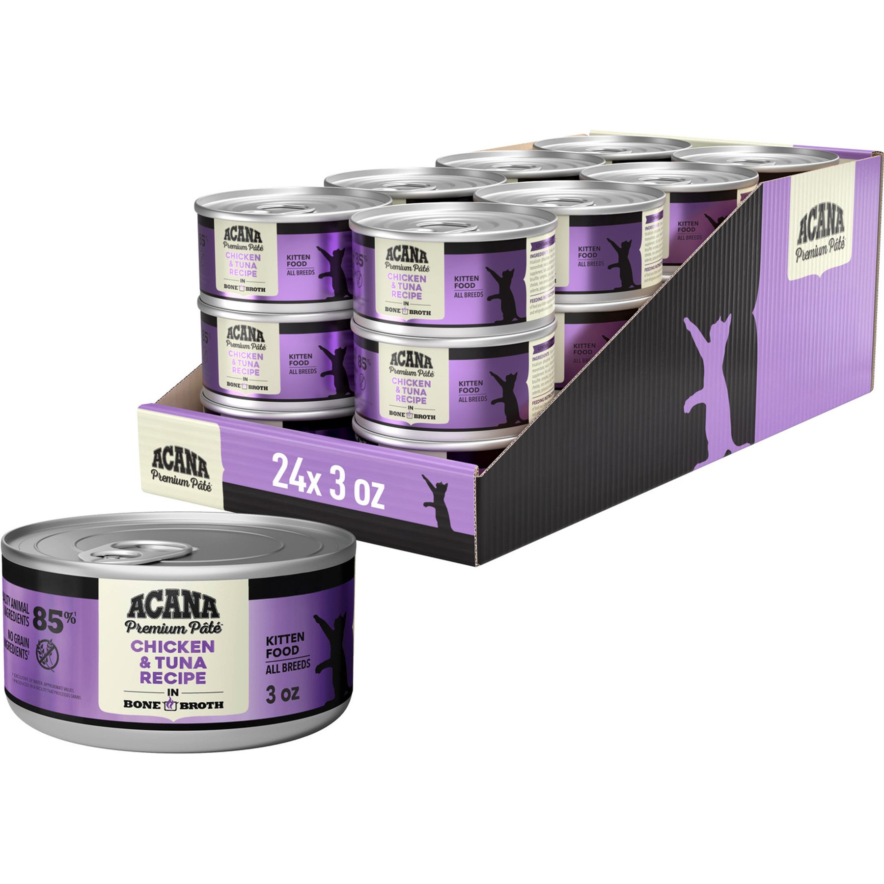 ACANA Premium Chicken & Tuna in Bone Broth Pate Kitten Wet Cat Food, 3-oz can, case of 24