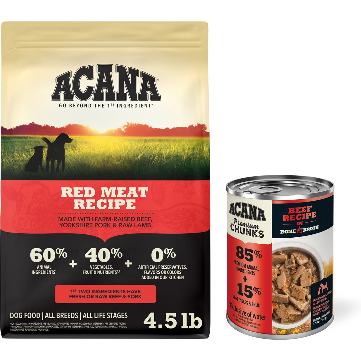 ACANA Premium Chunks Beef Recipe in Bone Broth Wet Food + Red Meat Recipe Dry Dog Food