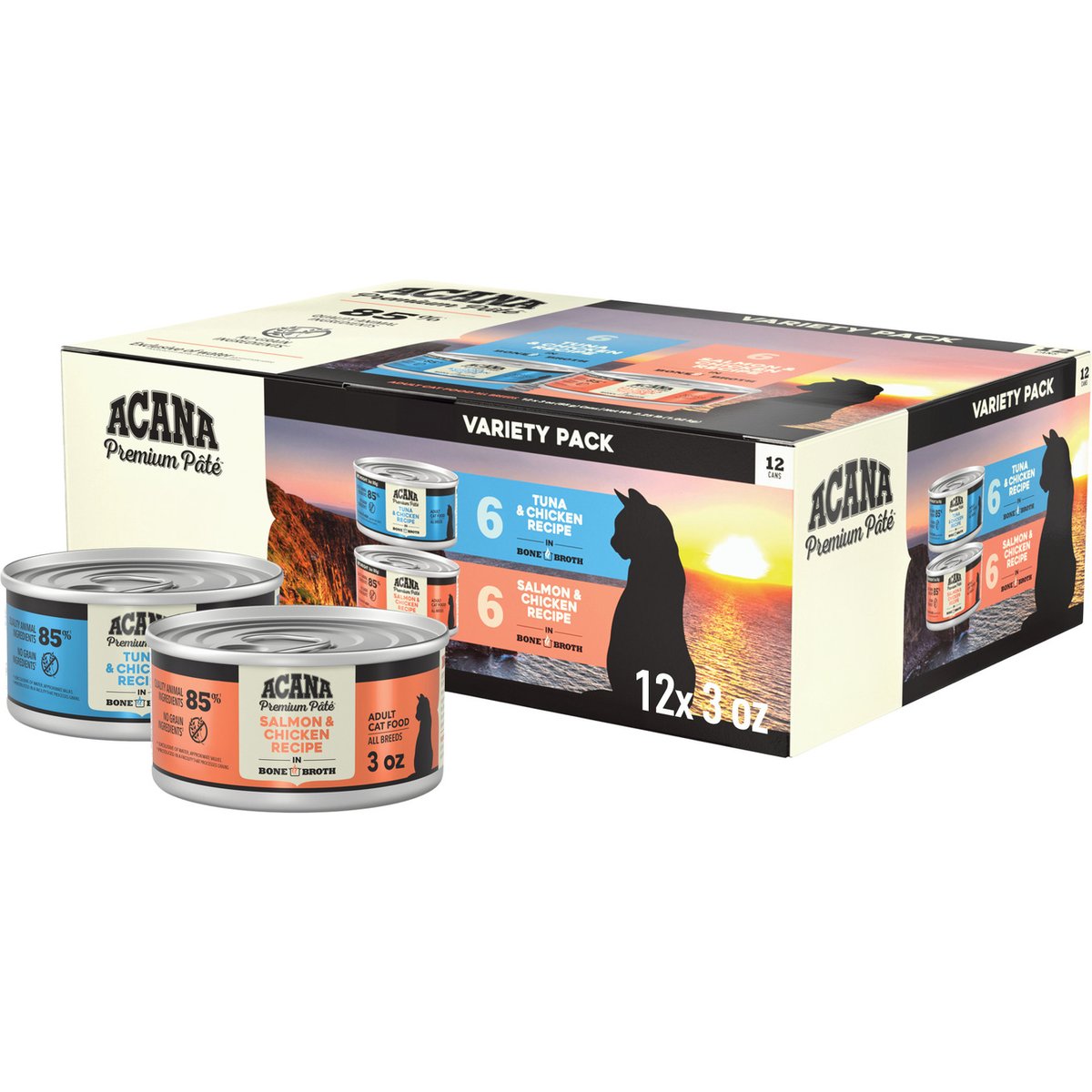 ACANA Premium Variety Pack Salmon, Chicken & Tuna Pate in Bone Broth Wet Cat Food, 3-oz can, case of 12