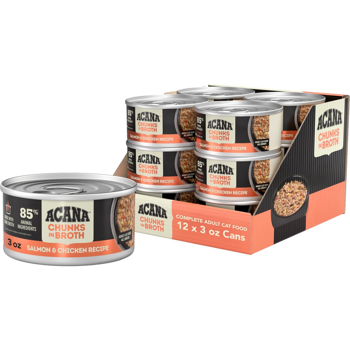 ACANA Salmon & Chicken Chunks in Broth Wet Cat Food, 3-oz can, case of 12