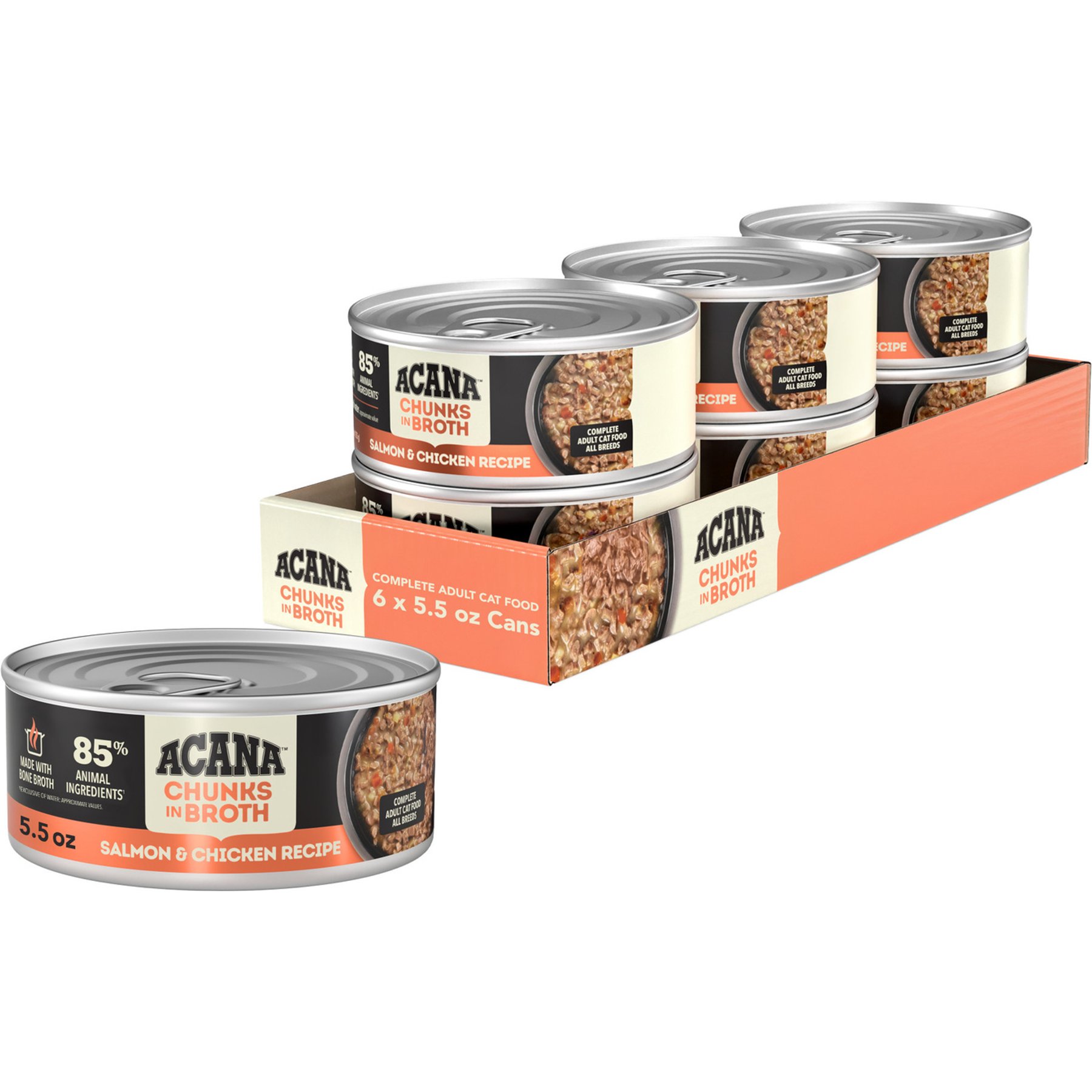 ACANA Salmon & Chicken Chunks in Broth Wet Cat Food, 5.5-oz can, case of 6