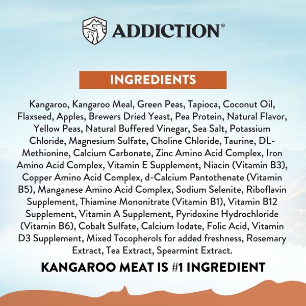 Show full view: Addiction Grain-Free Wild Kangaroo & Apples Limited Ingredient Allergy-Friendly Dry Dog Food, 4-lb bag, bundle of 4 slide 4 of 11