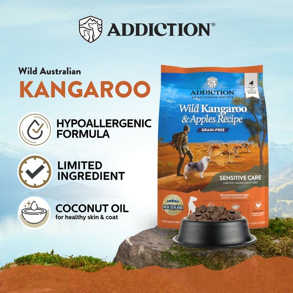 Show full view: Addiction Grain-Free Wild Kangaroo & Apples Limited Ingredient Allergy-Friendly Dry Dog Food, 4-lb bag, bundle of 4 slide 5 of 11