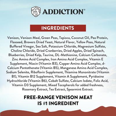 Show full view: Addiction Grain-Free Viva La Venison Limited Ingredient Diet Dry Dog Food, 20-lb bag slide 6 of 12