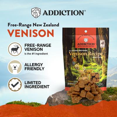 Show full view: Addiction Meaty Bites Venison Grain-Free Dog Treats, 4-oz bag slide 4 of 12