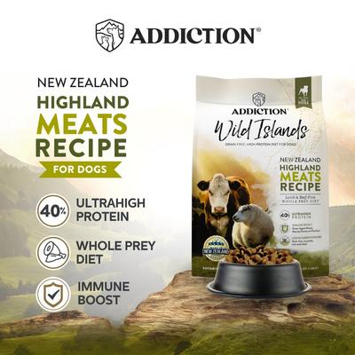 Show full view: Addiction Premium Wild Islands Highland Adult Grain-Free & High-Protein Meat Recipe Dry Dog Food, 4-lb bag slide 3 of 10