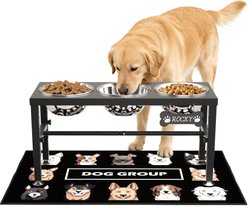 ADENGL 3-in-1 Adjustable Height Raised Metal Dog Bowl Stand with Mat & 3 Food Water Bowls, Black, Large