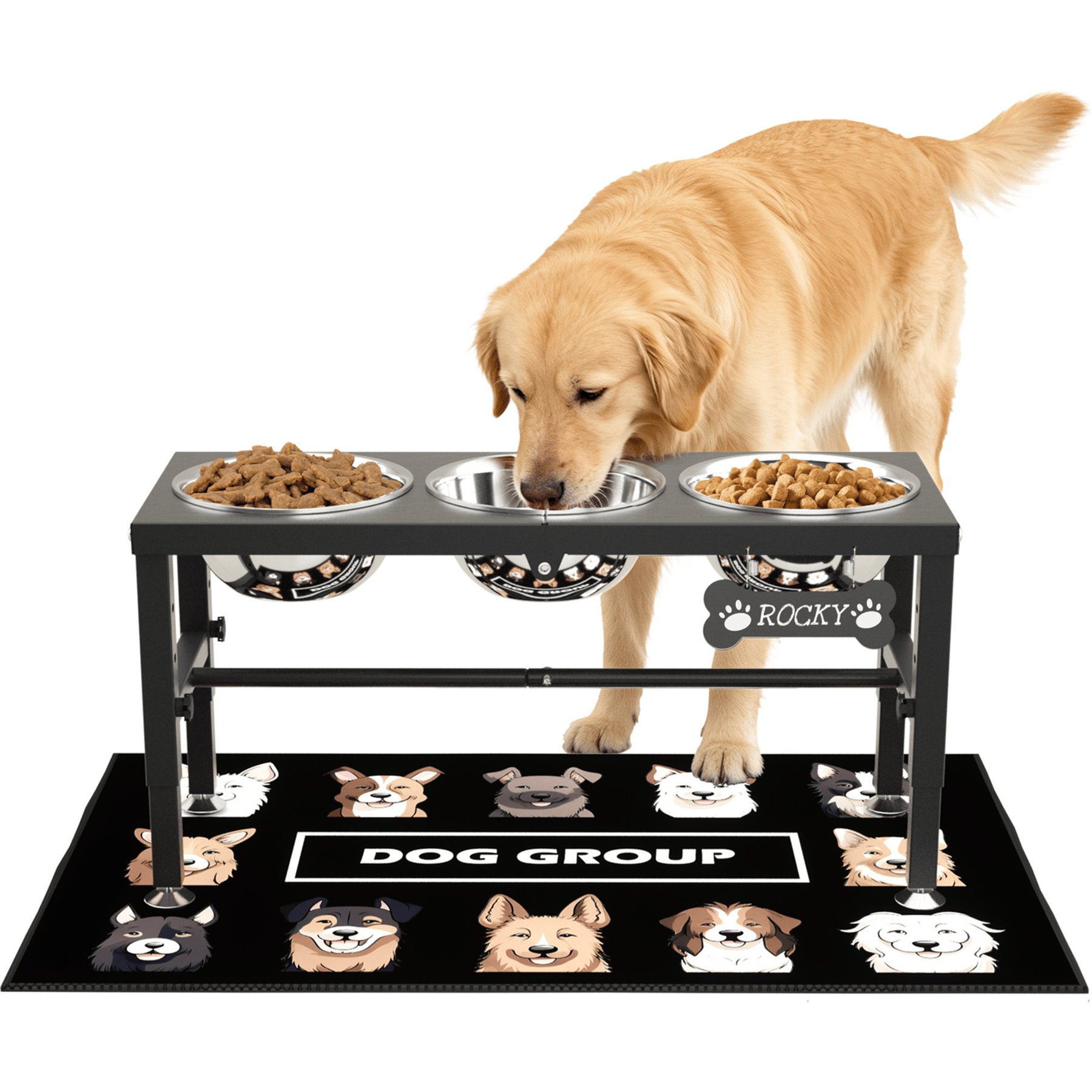 ADENGL 3-in-1 Adjustable Height Raised Metal Dog Bowl Stand with Mat & 3 Food Water Bowls, Black, Large