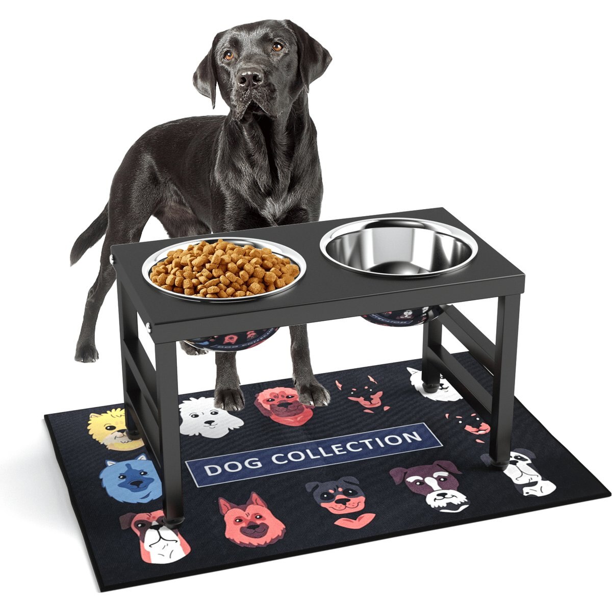 ADENGL Elevated Stainless Steel Dog Bowl Set with Non-Slip Mat, Black, Medium: 7-cup