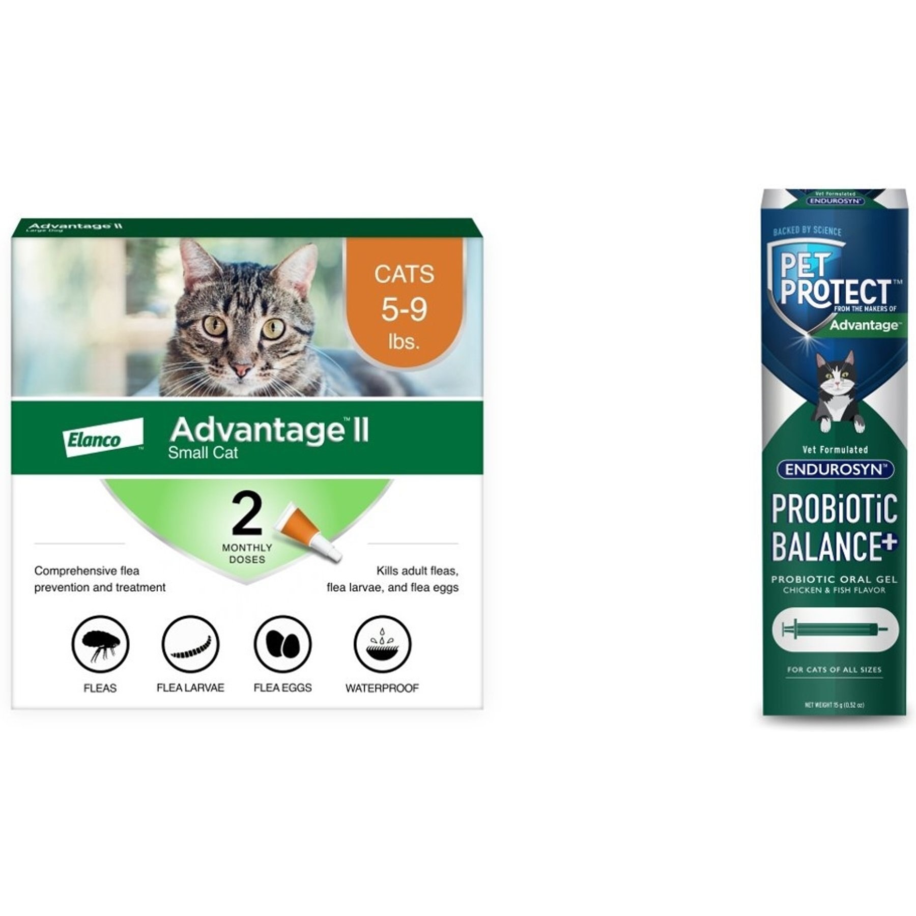 Advantage II Flea Spot Treatment for Cats, 5-9 lbs, & Ferrets, 2 Doses (2-mos. supply) + Pet Protect Endurosyn Probiotic Balance + Chicken & Fish Flavored Oral Gel for Cats, 15-g syringe
