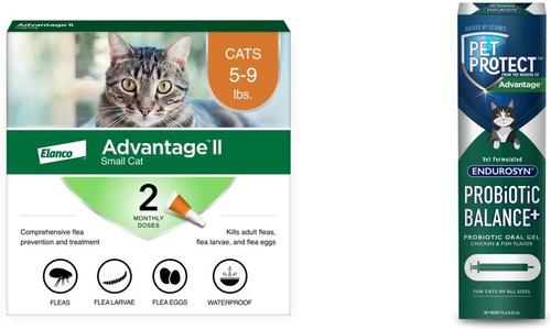 Show full view: Advantage II Flea Spot Treatment for Cats, 5-9 lbs, & Ferrets, 2 Doses (2-mos. supply) + Pet Protect Endurosyn Probiotic Balance + Chicken & Fish Flavored Oral Gel for Cats, 15-g syringe slide 1 of 9
