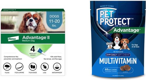 Show full view: Advantage II Flea Spot Treatment for Dogs, 11-20 lbs, 4 Doses (4-mos. supply) + Pet Protect DVM Daily Multivitamin Chicken Flavored Soft Chew Supplement for Dogs, 60 count slide 1 of 9