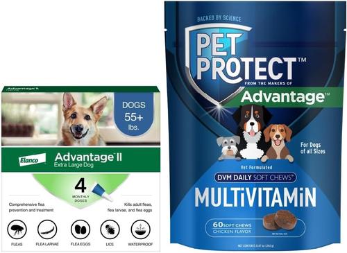Show full view: Advantage II Flea Spot Treatment for Dogs, over 55-lbs, 4 Doses (4-mos. supply) + Pet Protect DVM Daily Multivitamin Chicken Flavored Soft Chew Supplement for Dogs, 60 count slide 1 of 9