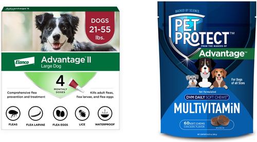 Show full view: Advantage II Flea Treatment for Dogs, 21-55 lbs, 4 Doses (4-mos. supply) + Pet Protect DVM Daily Multivitamin Chicken Flavored Soft Chew Supplement for Dogs, 60 count slide 1 of 9