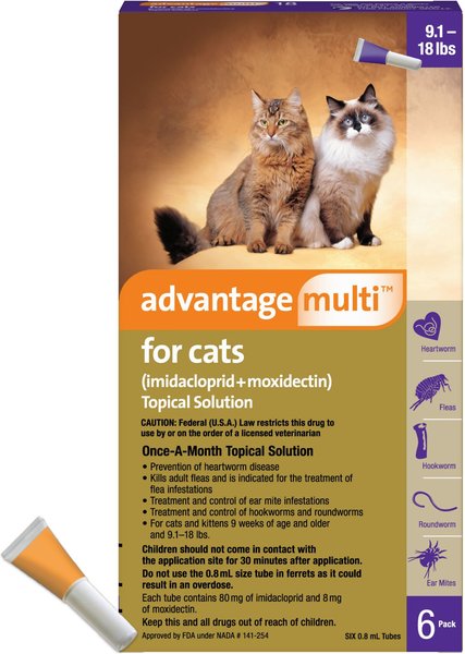 Show full view: Advantage Multi Topical Solution for Cats, 9.1-18 lbs, (Purple Box), 6 Doses (6-mos. supply) slide 1 of 11