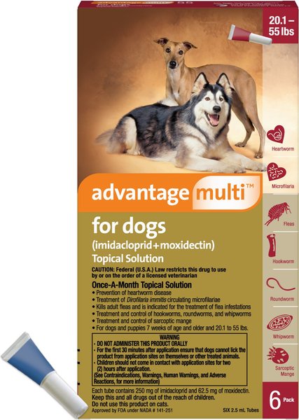 Show full view: Advantage Multi Topical Solution for Dogs, 20.1-55 lbs, (Red Box), 6 Doses (6-mos. supply) slide 1 of 11