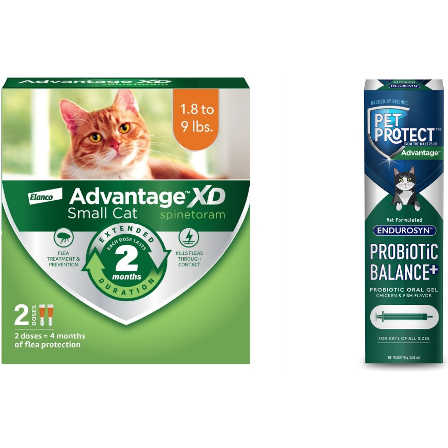 Advantage XD Small Cat Treatment, 2 count + Pet Protect Endurosyn Probiotic Balance + Chicken & Fish Flavored Oral Gel for Cats, 15-g syringe
