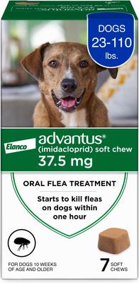 Show full view: Advantus Flea Oral Treatment for Dogs, 23-110 lbs, 7 Soft Chews + Pet Protect DVM Daily Multivitamin Chicken Flavored Soft Chew Supplement for Dogs, 60 count slide 2 of 9