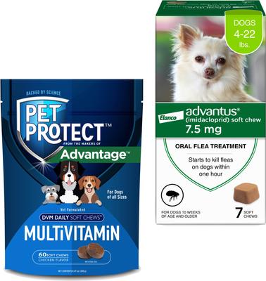 Show full view: Advantus Flea Oral Treatment for Dogs, 4-22 lbs, 7 Soft Chews + Pet Protect DVM Daily Multivitamin Chicken Flavored Soft Chew Supplement for Dogs, 60 count slide 1 of 10
