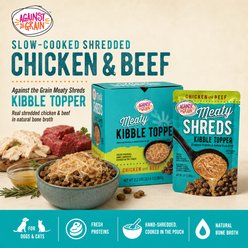 Against the Grain Shreds Slow Cooked Shredded Chicken & Beef Kibble Diabetic Support Low Fat Wet Dog Food Topper, 2.8-oz pouch, case of 12 slide 2 of 7