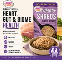 Against the Grain Shreds Slow Cooked Shredded Chicken & Turkey Kibble Topper Sensitive Digestion Pea Free Wet Dog Food Topper, 2.8-oz pouch, case of 12 slide 2 of 7