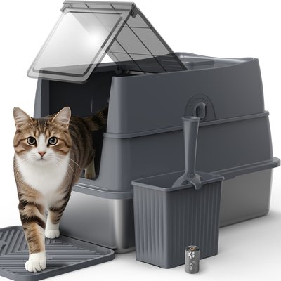 AIPERRO AIPERRO Non Sticky Leak Proof Stainless Steel Cat Litter Box with Lid & Scoop Set, 20-lb, Dark Grey