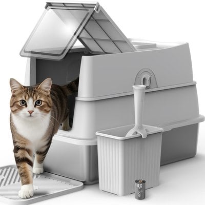 AIPERRO AIPERRO Non Sticky Leak Proof Stainless Steel Cat Litter Box with Lid & Scoop Set, 20-lb, Silver Grey