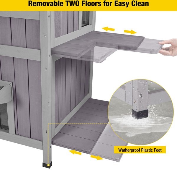 Aivituvin AIR14-1 Two Tier Wooden Cat House with Waterproof Roof & Door Flaps, Grey, Small