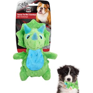 allforpaws My T-Rex Thomas The Mini Triceratops Plush Squeaky Dog Toy, Green, Small