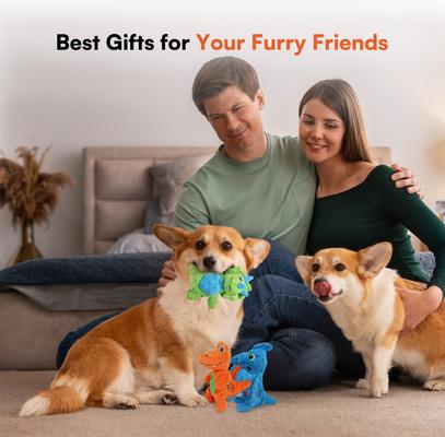 Show full view: allforpaws My T-Rex Thomas The Mini Triceratops Plush Squeaky Dog Toy, Green, Small slide 6 of 9