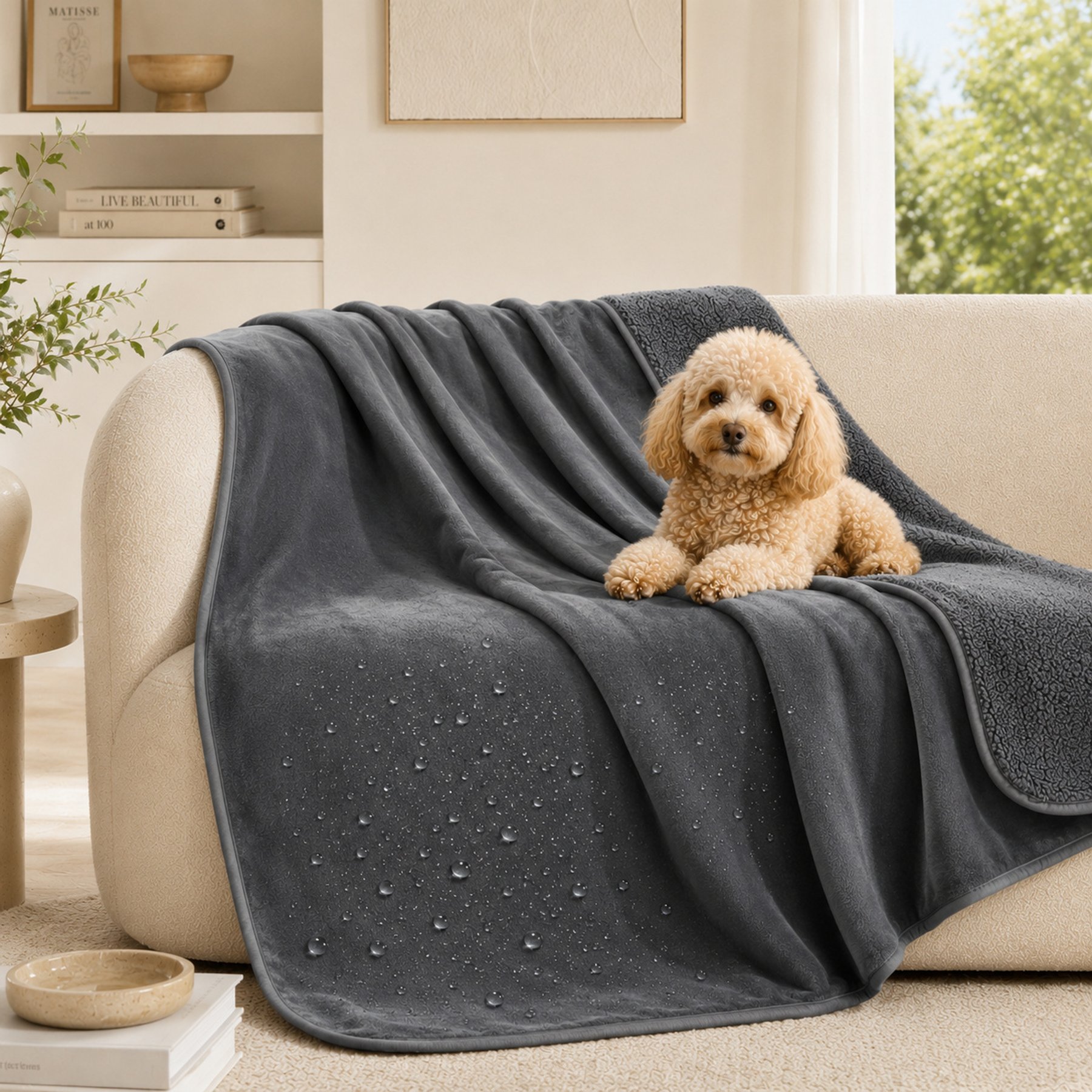 Allisandro Extra Soft Micro Fleece with Sherpa Triple Layer Tech Waterproof Cat & Dog Blanket, Dark Grey, Large