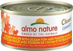 Almo Nature Classic Complete Chicken Recipe with Ocean Fish & Pumpkin in Gravy Grain-Free Wet Cat Food, 2.47-oz can, case of 12