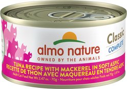 Almo Nature Classic Complete Grain-Free Tuna Recipe with Mackerel in Soft Aspic Cat Food, 2.47-oz, case of 12