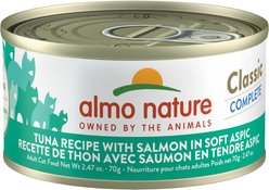 Almo Nature Classic Complete Tuna Recipe with Salmon in Gravy Flaked Wet Cat Food, 2.47-oz can, case of 12
