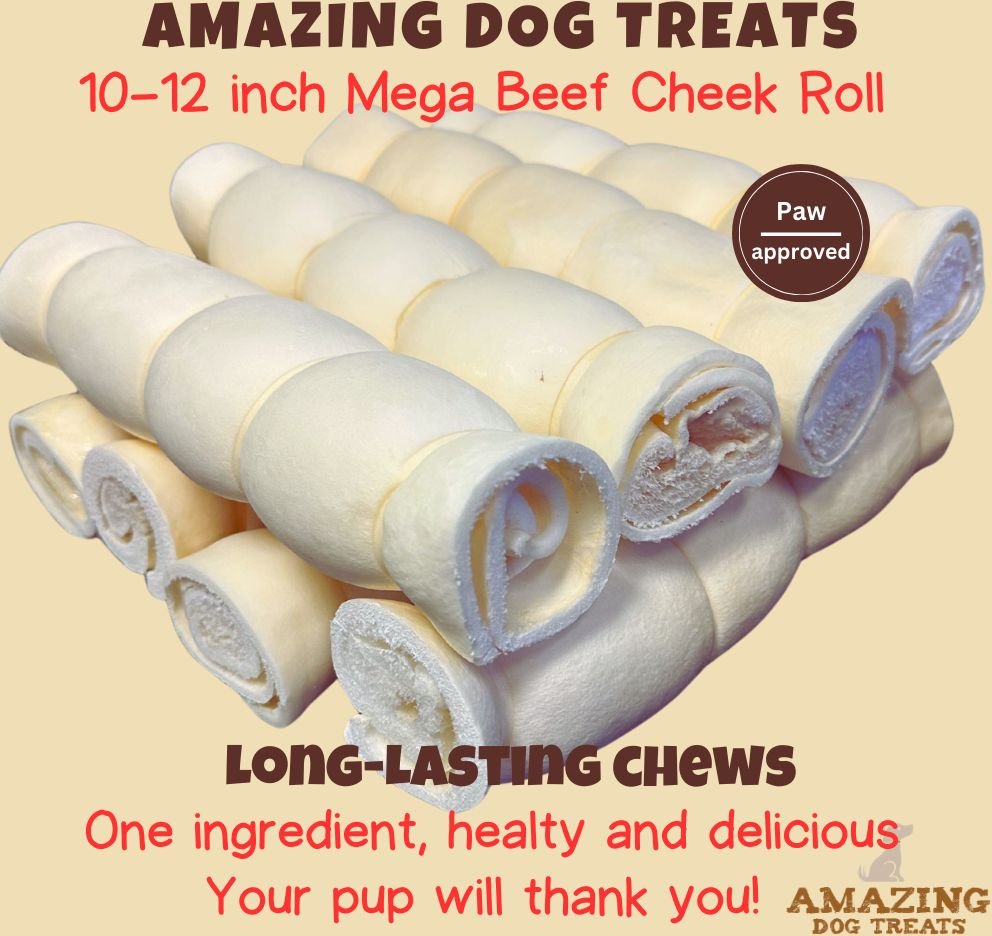 Amazing Dog Treats 10-inch Mega Thick Beef Cheek Roll Dog Treats, 3 count