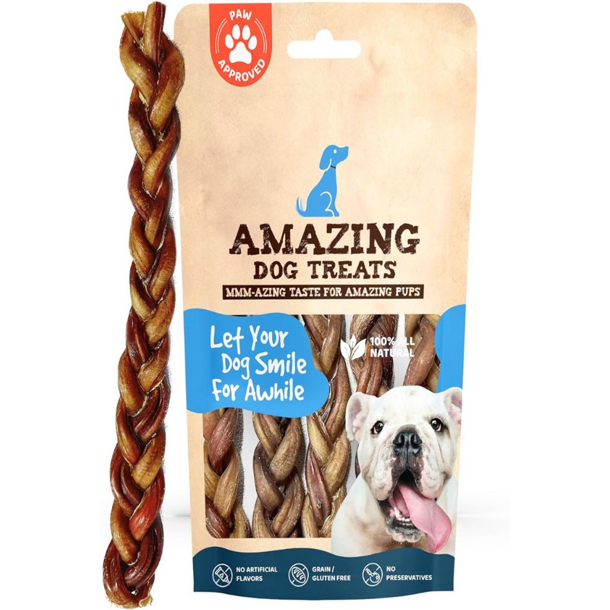 Amazing Dog Treats Adult 12-inch Beef Braided Bully Stick Dog Treats, 4 count