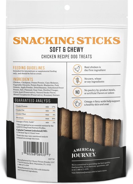 Show full view: American Journey Chicken Recipe Grain-Free Soft & Chewy Snacking Sticks Dog Treats, 6-oz bag slide 3 of 11