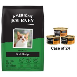 American Journey Duck Recipe Grain-Free Dry Cat Food, 12-lb bag & Minced Poultry & Seafood in Gravy Variety Pack Grain-Free Canned Cat Food, 3-oz, case of 24