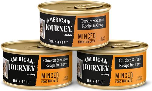 Show full view: American Journey Duck Recipe Grain-Free Dry Cat Food, 12-lb bag & Minced Poultry & Seafood in Gravy Variety Pack Grain-Free Canned Cat Food, 3-oz, case of 24 slide 6 of 9