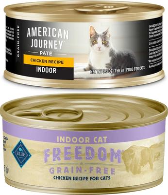 Show full view: American Journey Indoor Pate Chicken Recipe Grain-Free Canned Cat Food, 5.5-oz, case of 24 + Blue Buffalo Freedom Indoor Adult Chicken Recipe Grain-Free Canned Cat Food, 5.5-oz, case of 24 slide 1 of 8