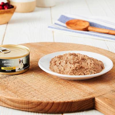 Show full view: American Journey Indoor Pate Chicken Recipe Grain-Free Canned Cat Food, 5.5-oz, case of 24 + Blue Buffalo Freedom Indoor Adult Chicken Recipe Grain-Free Canned Cat Food, 5.5-oz, case of 24 slide 4 of 8