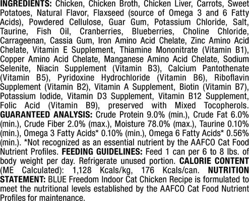 Show full view: American Journey Indoor Pate Chicken Recipe Grain-Free Canned Cat Food, 5.5-oz, case of 24 + Blue Buffalo Freedom Indoor Adult Chicken Recipe Grain-Free Canned Cat Food, 5.5-oz, case of 24 slide 6 of 8