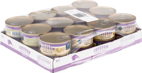 Show full view: American Journey Indoor Pate Chicken Recipe Grain-Free Canned Cat Food, 5.5-oz, case of 24 + Blue Buffalo Freedom Indoor Adult Chicken Recipe Grain-Free Canned Cat Food, 5.5-oz, case of 24 slide 8 of 8