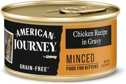 American Journey Kitten Chicken Recipe Grain-Free Dry Cat Food, 5-lb bag + American Journey Kitten Minced Chicken Recipe in Gravy Grain-Free Canned Cat Food, 3-oz, case of 24 slide 2 of 9