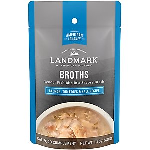 American Journey Landmark Broths Salmon, Tomatoes & Kale Recipe Wet Cat Food Complement Pouches, 1.4-oz case of 16