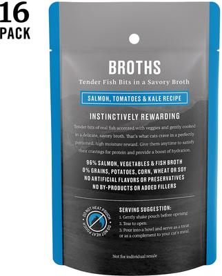 Show full view: American Journey Landmark Broths Salmon, Tomatoes & Kale Recipe Wet Cat Food Complement Pouches, 1.4-oz case of 16 slide 3 of 11