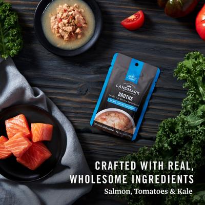 Show full view: American Journey Landmark Broths Salmon, Tomatoes & Kale Recipe Wet Cat Food Complement Pouches, 1.4-oz case of 16 slide 6 of 11