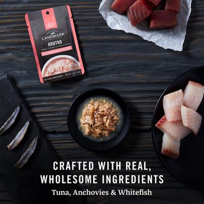 Show full view: American Journey Landmark Broths Tuna, Anchovies & Whitefish Recipe Wet Cat Food Complement Pouches, 1.4-oz case of 16 slide 6 of 11