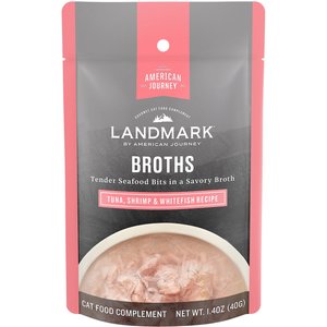 American Journey Landmark Broths Tuna, Shrimp & Whitefish Recipe Wet Cat Food Complement Pouches, 1.4-oz case of 16