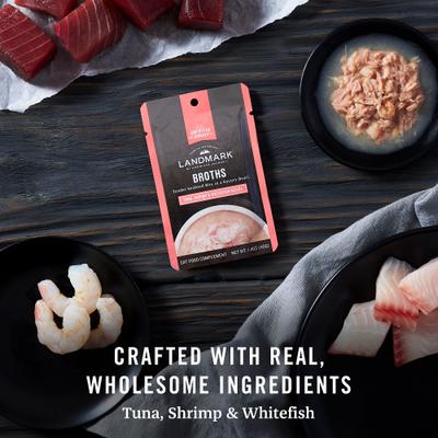 Show full view: American Journey Landmark Broths Tuna, Shrimp & Whitefish Recipe Wet Cat Food Complement Pouches, 1.4-oz case of 16 slide 6 of 11